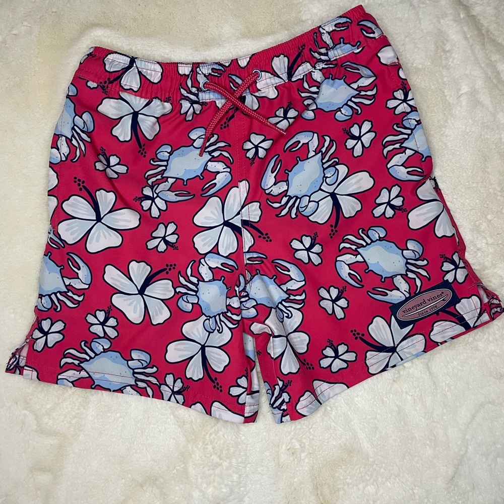 Vineyard Vines Red with Crab & Flower Pattern Bathing Suit-Boys 7